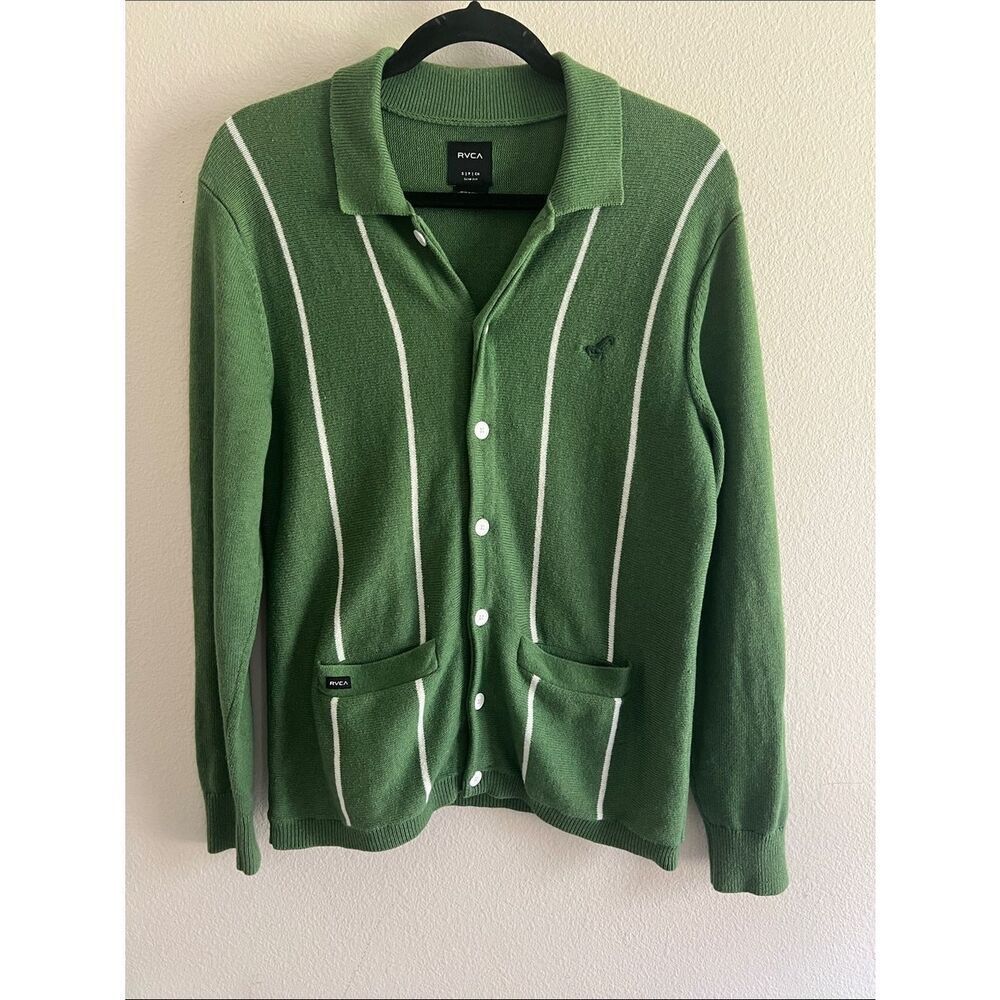 RVCAâGreen Striped Button Front Wool Knit Cardigan Sweater Size Small Collared